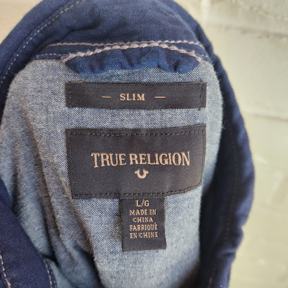 True Religion Mens Blue Western Shirt Button Down Slim Fit Cotton Size Large - Picture 7 of 8